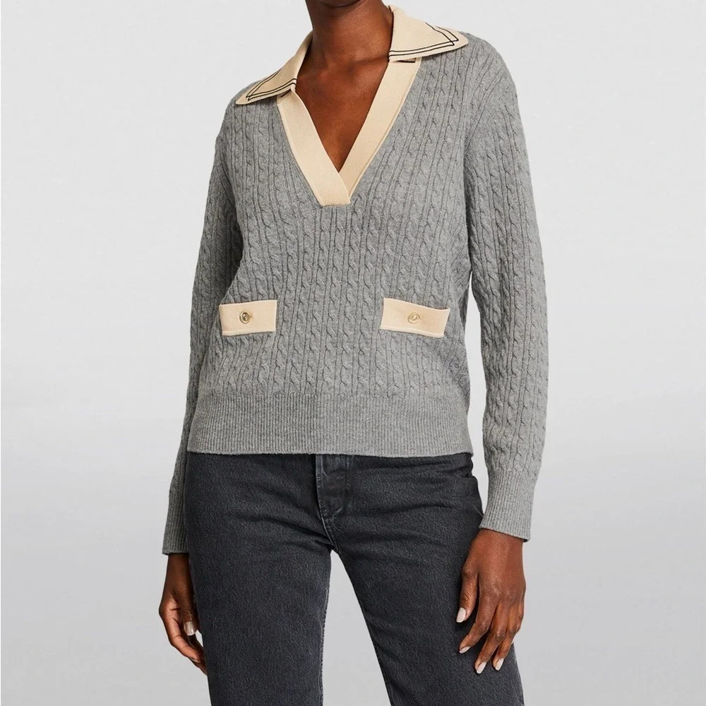 SANDRO Nea Cable-Knit Sweater Gray Wool Cashmere Blend V Neck